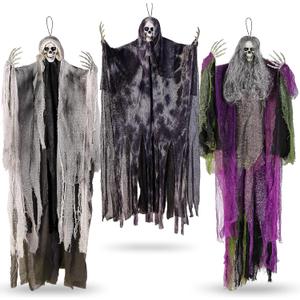 3PCS Hanging Halloween Skeleton Ghosts Decorations for Outdoor Indoor, 55.12" & 47.24" Posable Grim Reaper Ghost Decorations for Halloween Yard Porch Garden Haunted House Outdoor Decorations