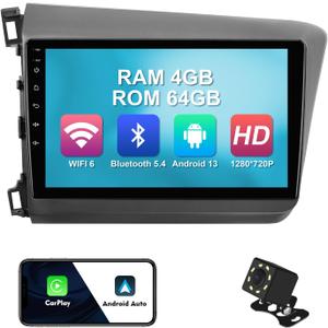 4+64G 9-inch Android 13 WiFi 6 Car Stereo for Honda Civic 2012-2015 IPS Touchscreen Screen Bluetooth 5.4 Car Radio with Carplay & Android Auto Support Backup Camera FM Navi SWC