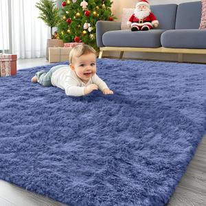 OLANLY Area Rugs for Living Room Bedroom, Machine Washable 4x5.9 ft Soft Fluffy Shaggy Bedside Rug, Indoor Floor Carpet for Kids Girls and Boys, Dorms, Nursery Rooms, Home Decor Aesthetic, Denim Blue
