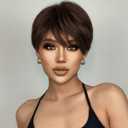 Creamily Short Brown Pixie Cut Wigs with Bangs Layered Pixie Short Wavy Hair Wig Natural Synthetic Full Hair Replacement Wig for Women Halloween Costume Wigs