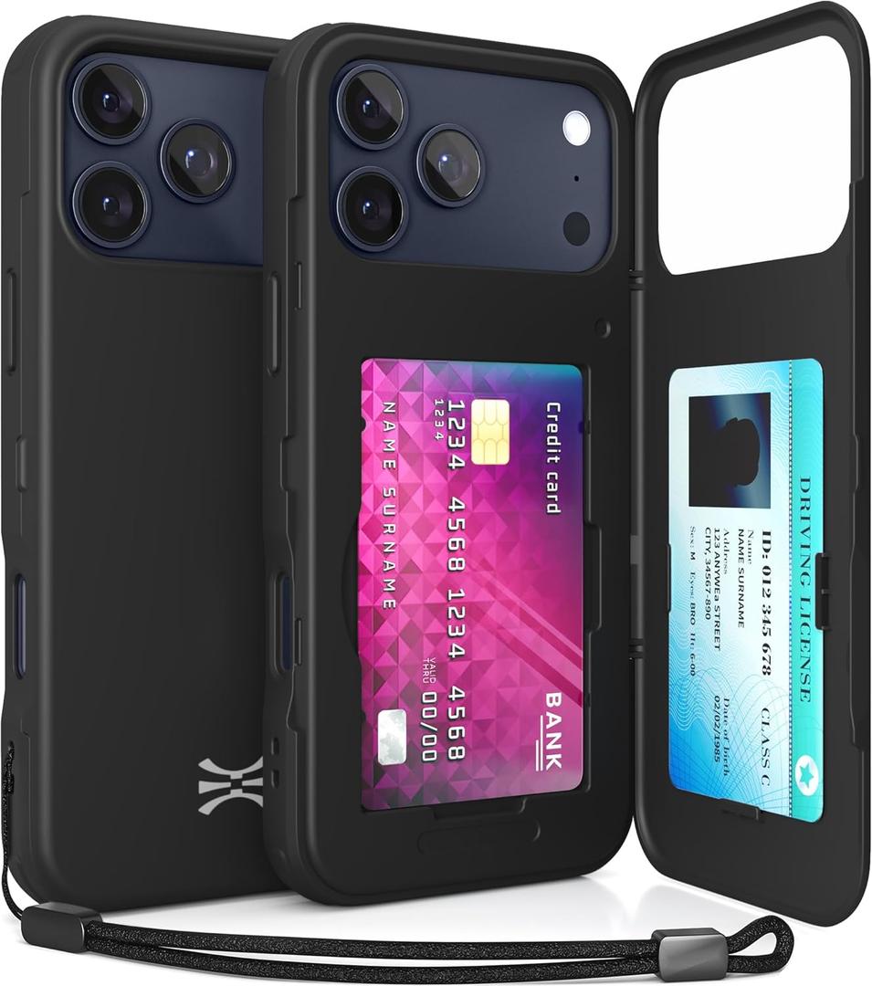 TORU for iPhone 17 Pro Wallet Case with Card Holder, Hidden ID Credit Card Slot Flip Kickstand, Slim Fit Shockproof Heavy Duty Phone Cover with Strap - Black
