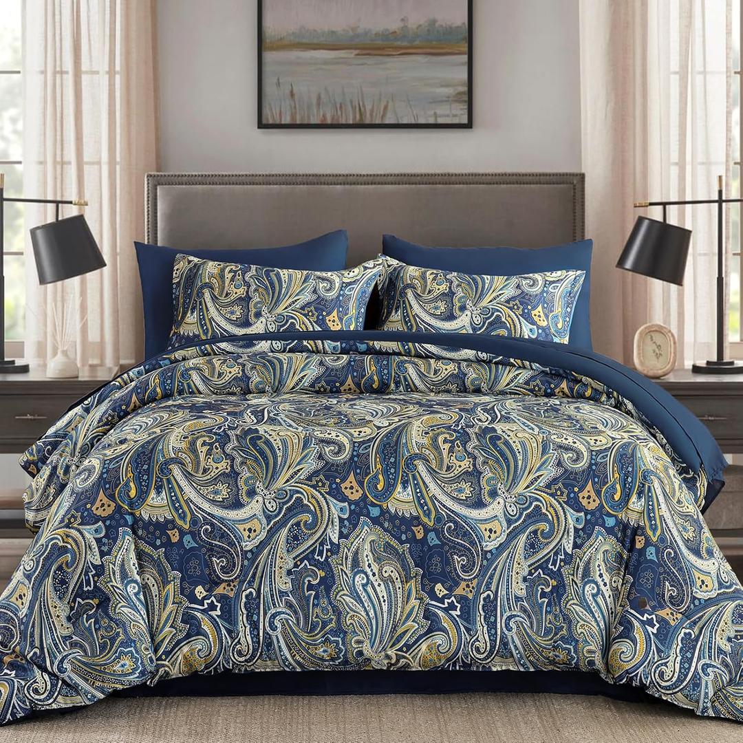 DJY Paisley Comforter Set King Size 7 Piece, Navy and Gold Boho Bed in a Bag, Soft Microfiber Paisley Pattern Complete Bedding Set for All Season (Navy Blue Gold, 104''x90)