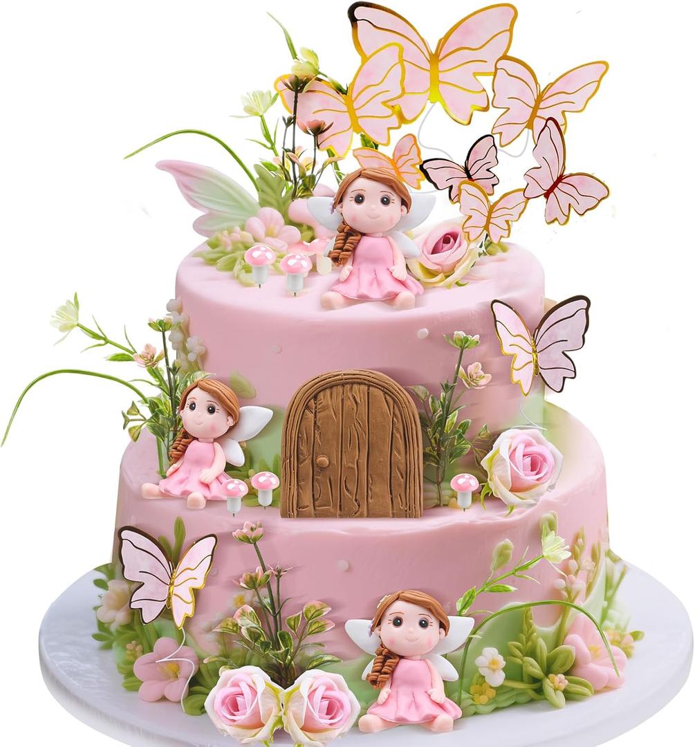 Kigley 38 Pcs Fairy Cake Toppers Garden Topper Fairy Cake Decoration Pink Mushroom Butterfly Flowers Dessert Decoration for Birthday Baby Shower Party Favors