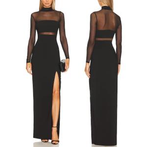Aigeman Women See Through Mesh Long Sleeves Maxi Dress Turtleneck Bodycon Long Dresses Side Slit Cocktail Party Dress 451, X-Small, Black