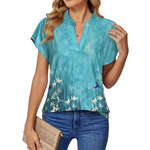 DJT Womens Summer Tops Short Sleeve Shirts Trendy V Neck T-Shirts Top Dressy Casual Work Blouses (Green, L)