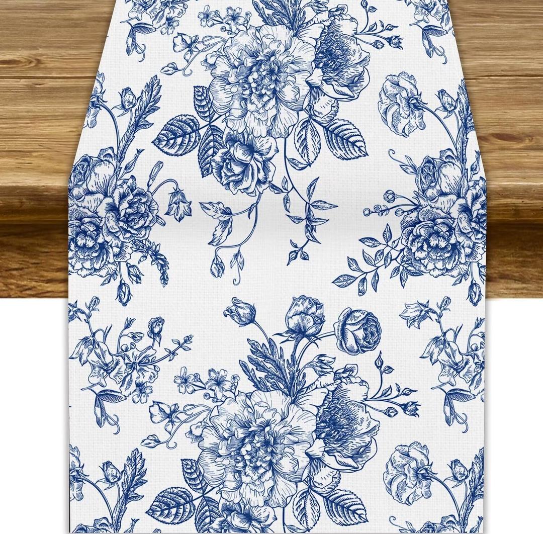 Floral Table Runner,Blue Flower Table Decoration Chinoiserie Dinner Table Decoration for Home Living Room Kitchen Dining Room Party Indoor Outdoor 13x70in