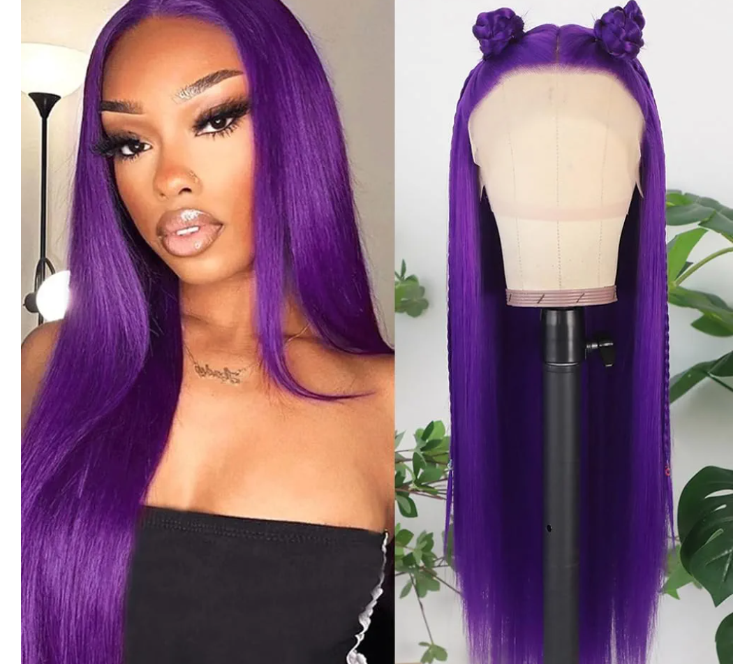 Missyvan Synthetic Lace Front Wig Long Straight Dark Purple Lace Front Synthetic Wig Pre Plucked Natural Hairline Glueless Heat Resistant Fiber Hair Wig for Fashion Women