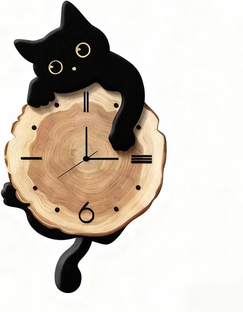Cat Wall Clock with Swinging Tail, Silent Non-Ticking, Black and White, Plastic, 12x13 Inches, Contemporary Style, Pendulum Design for Living Room, Office, Bedroom, Kitchen