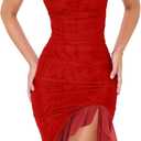 BORIFLORS Women's Sexy Ruched Bodycon Midi Dresses Square Neck Sleeveless Ruffle Hem Club Party Tank Dress (Red, M)