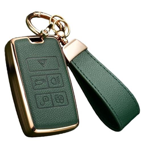 Axtrulix Key Fob Cover for Range Rover with Key Chain, Upper Leather + Soft TPU Key Cover Case Shell for Jaguar XE XJ XF, Land Rover Sport Velar Evoque Defender Discovery (Green)