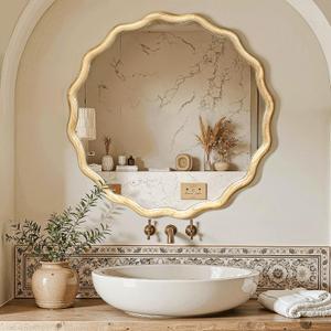 Circle Wood Mirrors for Wall, Wavy Round Bathroom Scalloped Mirror Wooden Frame 28 Inch for Living Room Farmhouse Bedroom Hallway Entryway Living Room with Shatterproof Glass Wall Mounted