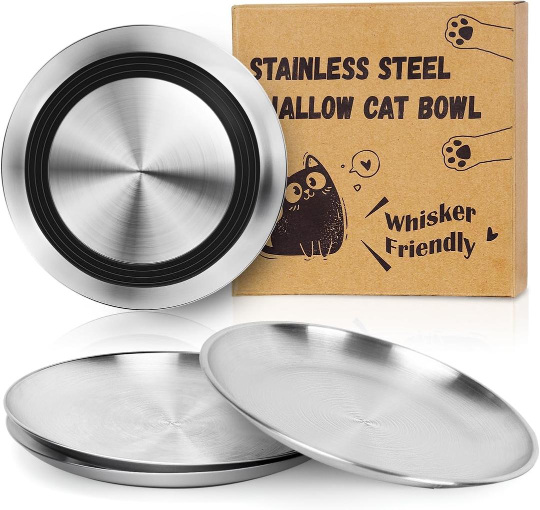 Supet Cat Plates Whisker Friendly, Non Slip Dish for Wet Food, Shallow Wide Flat Bowls Stainless Steel Metal for Indoor Cats, Kitten, Small Dog (13Oz, 4Pcs) (Black)