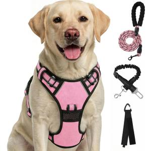 FURRYFECTION Plaid Dog Harness for Large Dogs, Reflective No Pull Adjustable Pet Vest with Front Clip, Leash, Easy Control Handle and Seat Belt, Pink, L