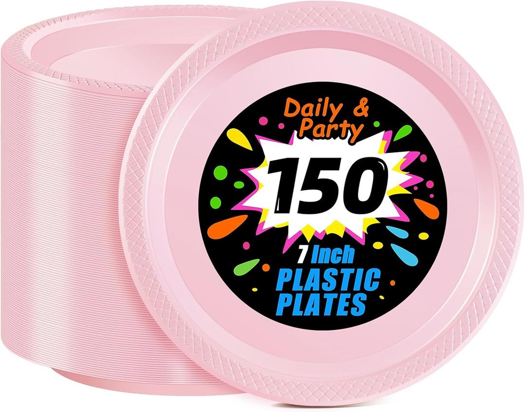 WELLIFE Pink Party Plates 7 Inch -150 Count, Disposable Plastic Light Pink Dessert Plates for Valentine's Day Party Cake Easter Mother's Day Baby Shower Appetizer
