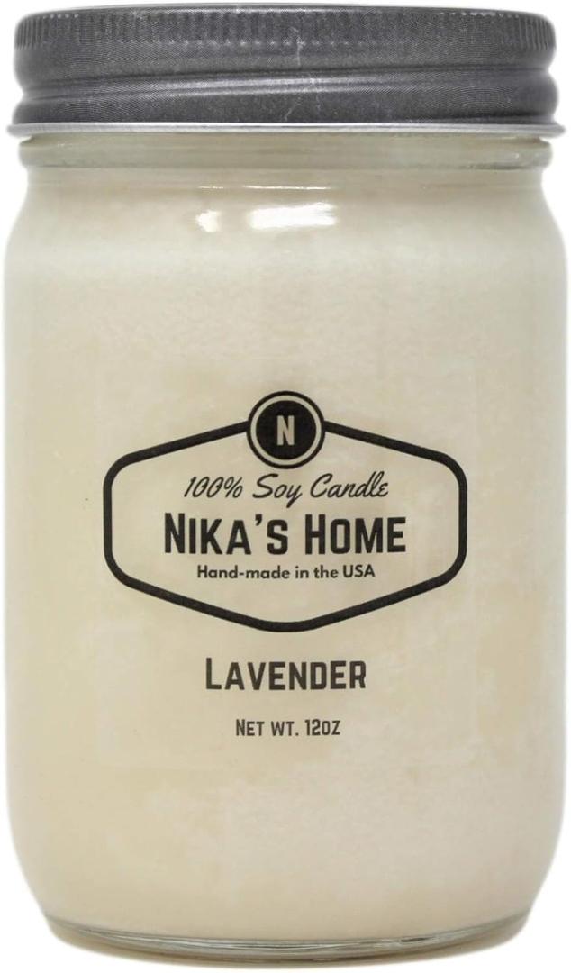 Nika's Home Lavender Soy Candle - 12oz Mason Jar - Non-Toxic - Hand Poured in The USA, Long Burning 50-60 Hours Highly Scented All Natural, Clean Burning