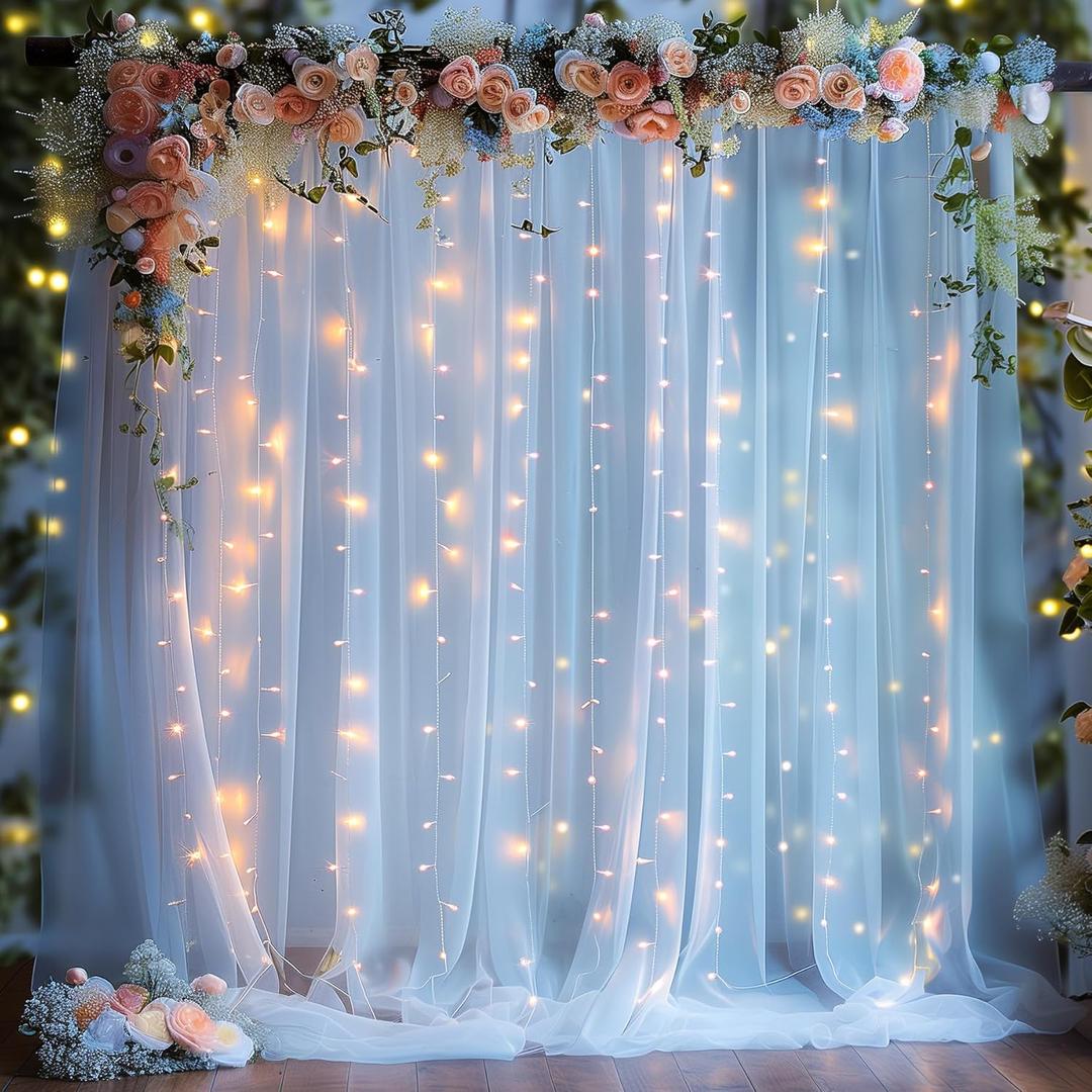 10x10ft Baby Blue Tulle Backdrop Curtain with Lights String for Parites, Sheer Photo Backdrop Curtains with Lights for Wedding Backdrop Ceremony Reception Bridal Shower Baby Shower Birthday Party
