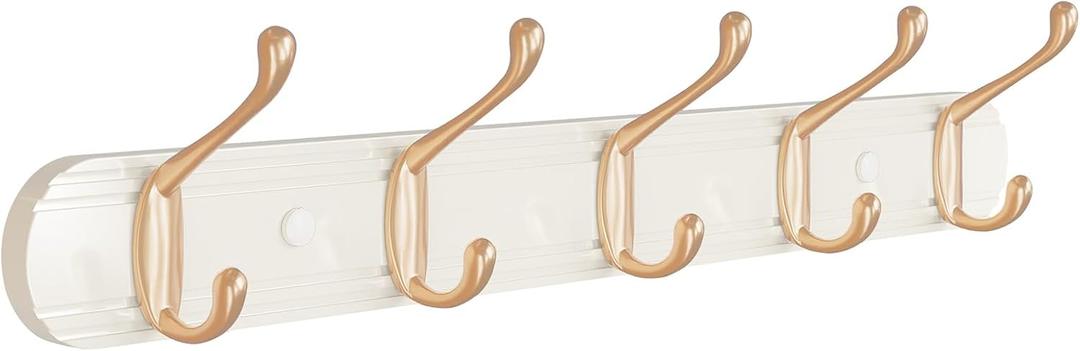 Coat Rack Wall Mount, Bamboo Coat Hanger with 5 Metal Pink Gold Hooks for Hanging Clothes, Towels, Keys, Hats, Bags(White)