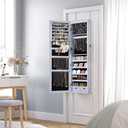 SONGMICS 6 LEDs Mirror Jewelry Cabinet, 47.2-Inch Tall Lockable Wall or Door Mounted Jewelry Armoire Organizer with Mirror, 2 Drawers, 3.9 x 14.6 x 47.2 Inches, Gray UJJC93GY