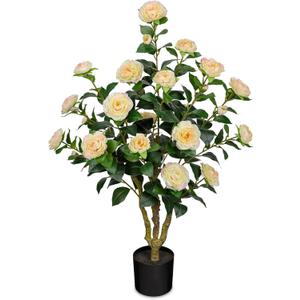 3ft Artificial Camellia Tree Fake Camellia Plant with Yellow Flowers Faux Floral Plant Blooming Tree in Black Pot for Indoor Outdoor Office Home Front Door Porch Decor (1 Pack - Yellow)