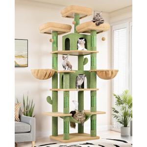 Globlazer Big Cactus Cat Tower for Indoor Cats, 80inch Cat Tower for Multiple Adult Cats XXL Cat Tree with Scratching Post, Hammock, 3 Perches, 2 Condos, 2 Hanging Basket, F80, Green