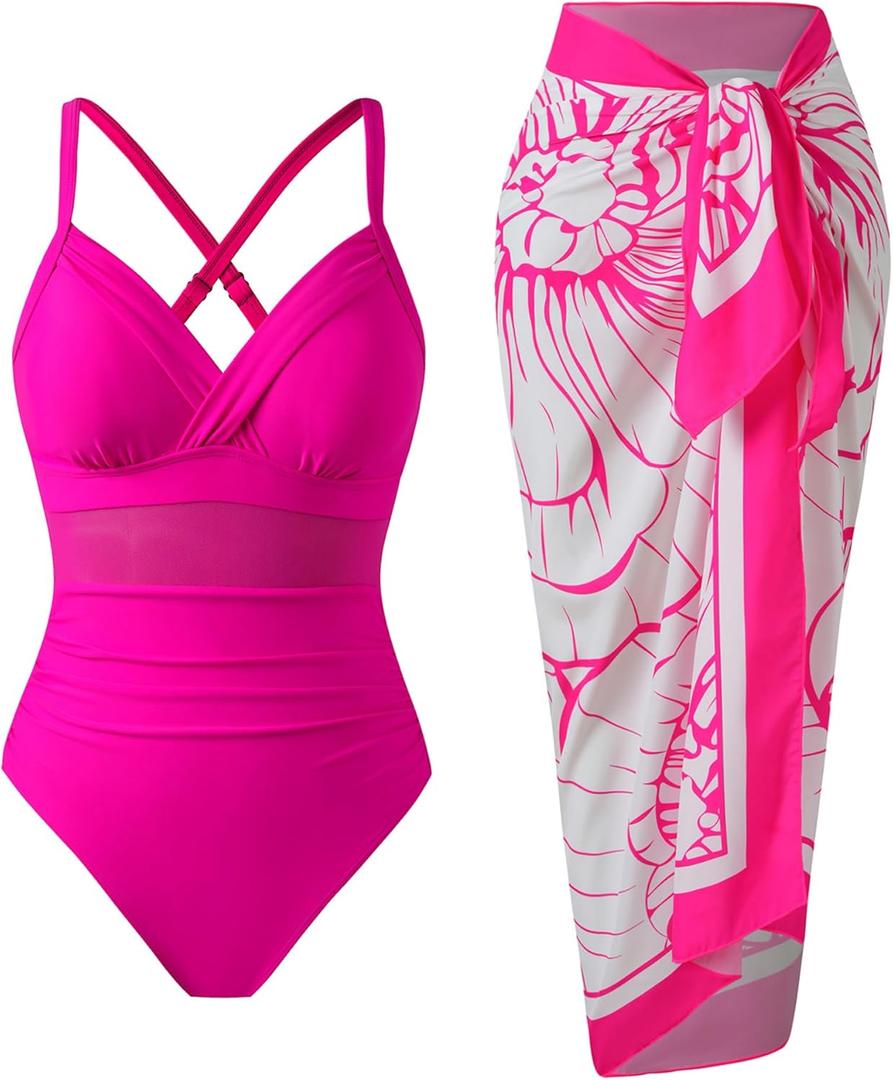 Womens One Piece Tummy Control Swimsuit with Skirt Retro Slimming Mesh Bathing Suit with Wrap Cover Up Set (Pink, L)