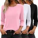 Ficerd 3 Pack 3/4 Sleeve Tops for Women Round Neck Dressy Basics Tees Casual Trendy Loose Fit T Shirts (Small)
