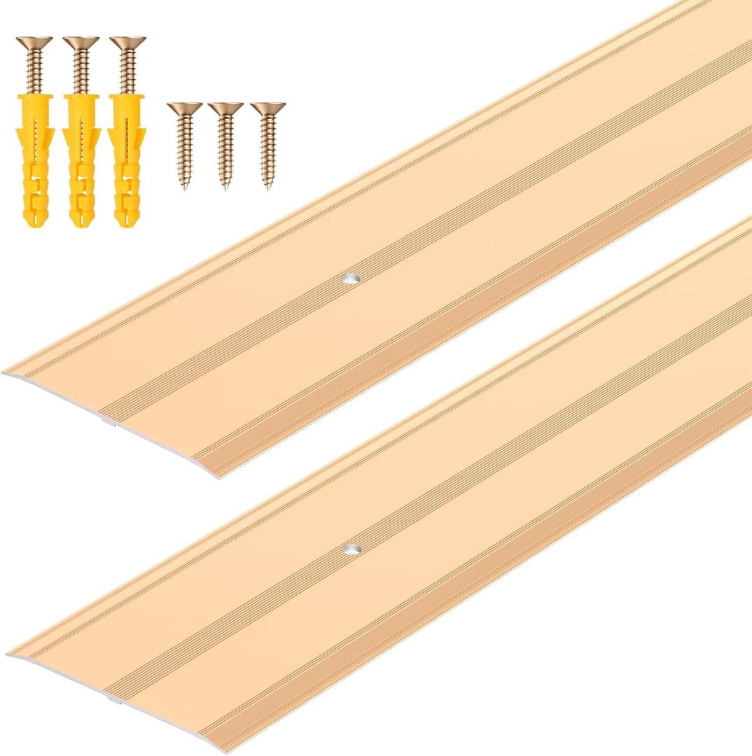 Raytano 36" L×2.4" W ×0.1" H Flat Profile Aluminum Floor Transition Strip, Metal Door Threshold for Carpet Wood Tile Vinyl Flooring Gaps, Indoor and Outdoor Doorway Decoration Protector(Golden,2pcs)