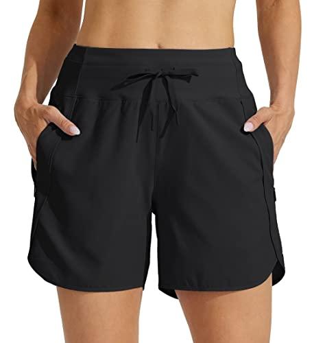 Willit Women's Athletic Running Shorts 5" Quick Dry Workout Hiking High Waisted Active Gym Exercise Zipper Pocket S Black