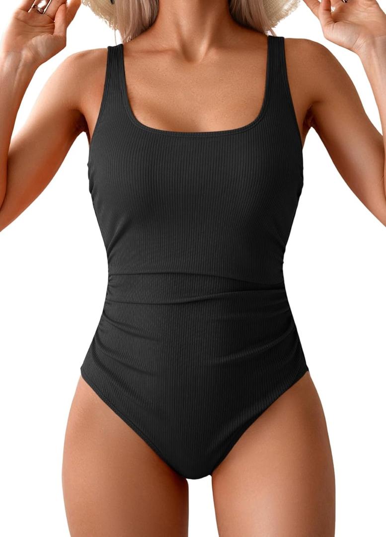 One Piece Swimsuit for Women Ribbed Tummy Control Bathing Suit Ruched Swim Suit Slimming Swimwear (Black, L)