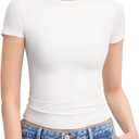 PUMIEY Women's Crew Neck Short Sleeve Tops Double Lined Slim Fit T Shirts Basic Tee Smoke Cloud Pro Collection (Large)