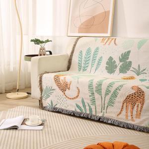 LumiSyne Double-Sided Cotton Woven Throw Blanket with Tassel Jungle Bohemian Style Tapestry Shawl Multi-Function Decorative Throws for Sofa Bed Armchair Camping Blanket Tablecloth Carpet 160x130cm (Leaves and Leopards)