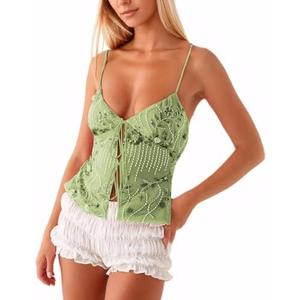 Ythomm Women Sequin Cami Tank Tops Sparkle Rhinestone Sleeveless Camisole Tie Up Front Backless Y2k Crop Tops Summer Clubwear, Small