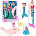 Yellow River Mermaid Princess Doll with Little Mermaid and Pink Dolphin Playset, Blonde Hair Mermaid Toys with Accessories, Gift for 3 to 7 Year Old Girls