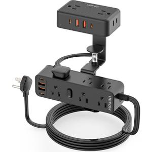 Dual Layer Desk Clamp Power Strip with 13 AC Outlets 8 USB (4 USB C), Fit 2.75" Tabletop, Desktop Edge Mounted Surge Protector (1700J),10 Ft Extension Cord, Desk Outlet for Office Home, Black