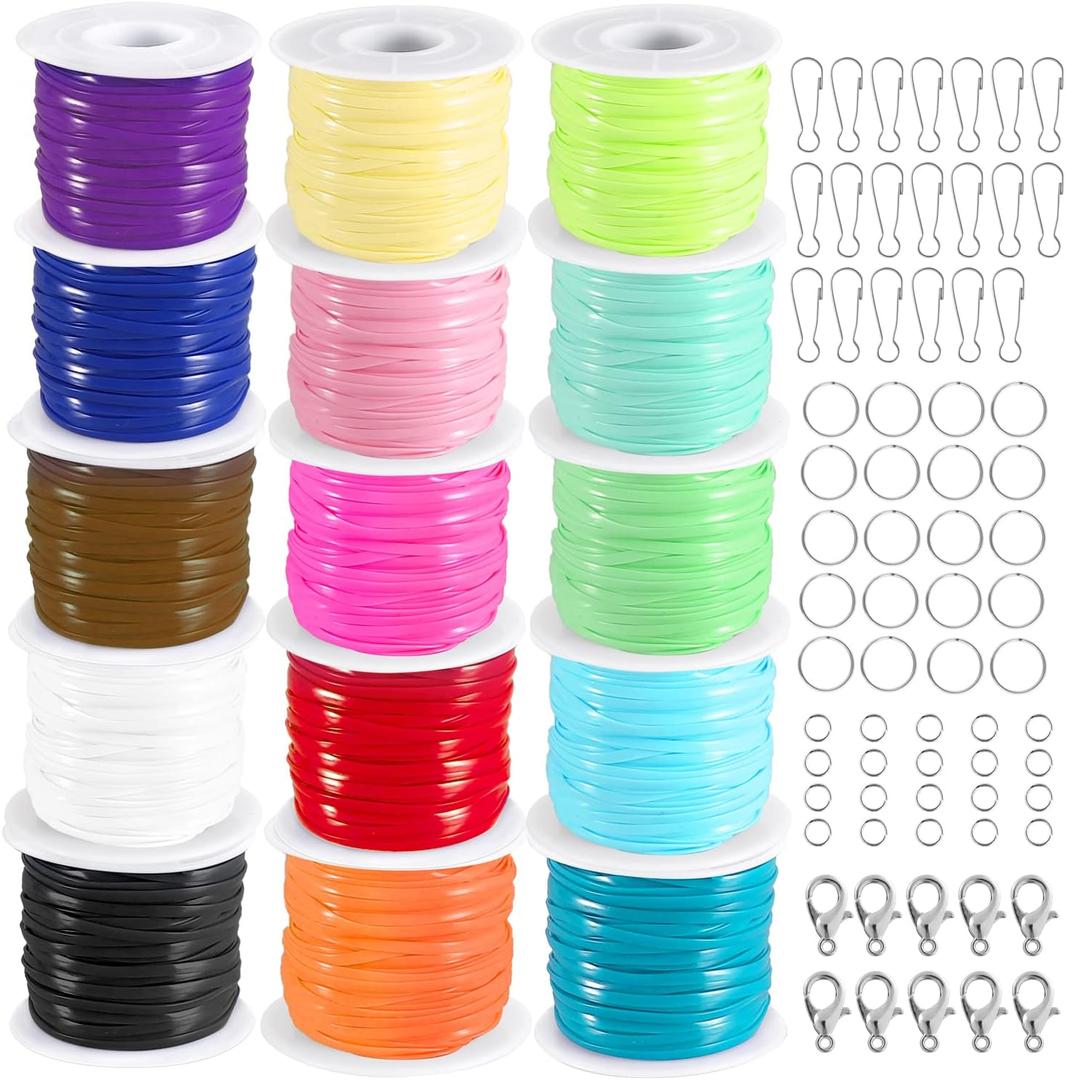 KAMJUNTAR Lanyard String,15 Rolls Gimp String Plastic Lacing Cord Plastic String Lanyard Kit for Friendship Bracelets Jewelry Making DIY Craft Boondoggle Gimp Bracelet Making Kit