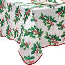 Elrene Home Fashions Vintage Holly Scalloped Edge Border Christmas/Holiday Wrinkle Resistant Rectangle Dining Tablecloth, 60"x84"