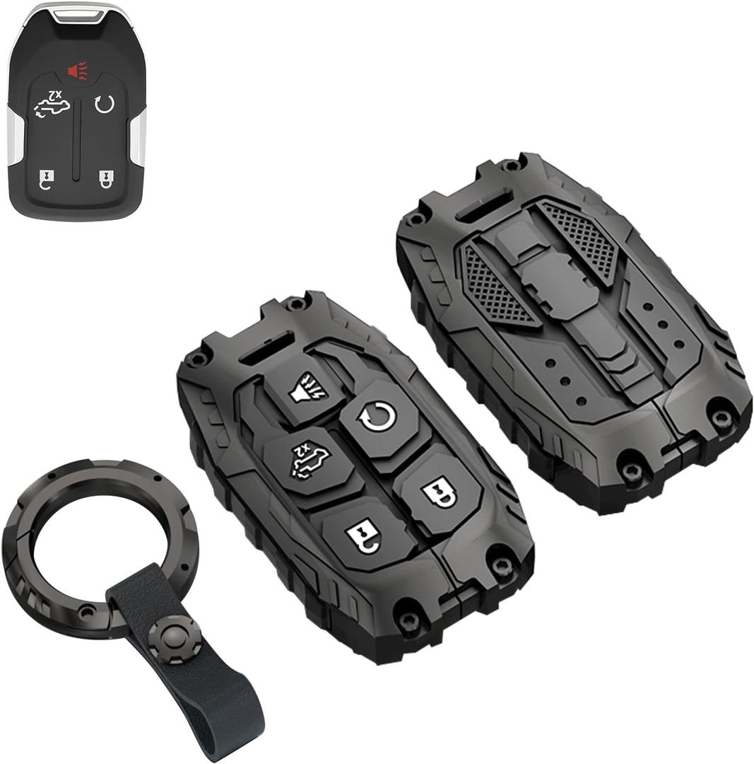 Heavy Key Fob Cover Case Protector for GMC, Keychain, Accessories for 2023 2022 2021 2020 2019 GMC Sierra, Chevy Silverado 1500 2500HD 3500HD (Type-B 5 Buttons)