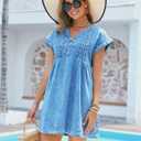 Womens Denim Romper 2025 Jean Dress V Neck Shorts Sleeves Tie Front Ruffle Overall Dress with Pockets (Blue, S)