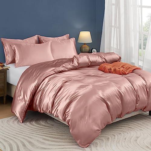 Horbaunal 5 Pieces Satin Duvet Cover Set Queen/Full Size Rose Gold Duvet Cover with Corner Ties & Zipper Closure, Luxury & Silky Bedding Set, 1 Duvet Cover and 4 Pillowcases (No Comforter)