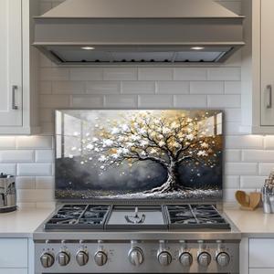 LMSDYSHU Tempered Glass Backsplash for Kitchen, The Golden Tree of Life, Frameless,Stove Backsplash Protector for Wall Easy to Clean (30"x16")