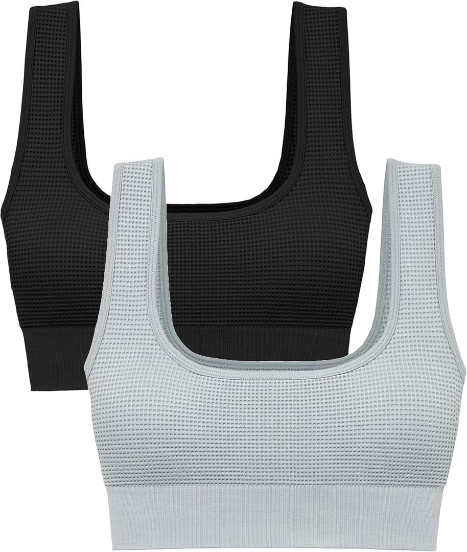 Square Neck Padded Sports Bra, Push Up Sports Bra for Women, Cute Comfy Seamless Scoop U Back Low Impact Workout Gym Yoga Bra (Black, Grey)