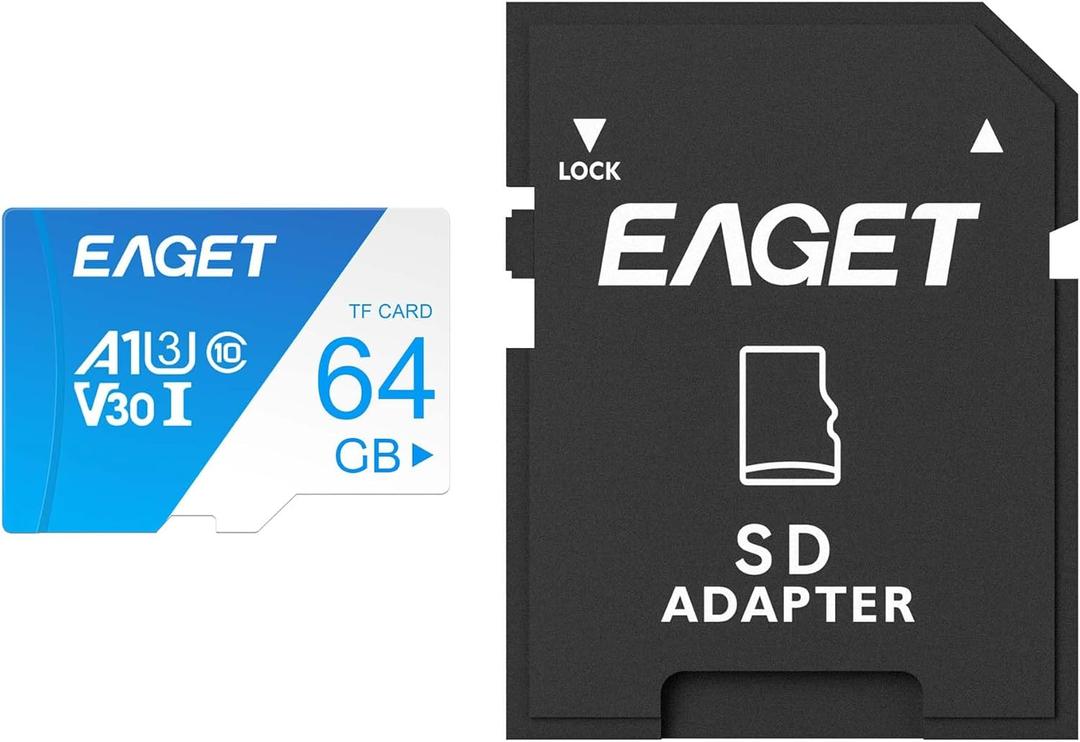 EAGET 1-Pack 64GB TF Memory Card Up to 100MB/s Read 60MB/s Write with SD Adapter, Mini SD Card, High Endurance A1 U3 V30 C10 UHS-I 4K Video for Dash Cam Security Camera Smartphone Tablet