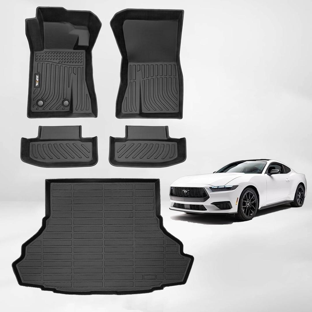 AIPOIL Floor Mats & Cargo Liner Set for 2015-2026 Ford Mustang (Without Subwoofer in The Trunk & Not for Ford Mustang Mach-E) All Weather Protection Full Set Accessories - Black