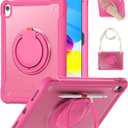 BRAECN for iPad (A16) 11th/10th Generation Case 11 inch 2025/10.9'' 2022 Handle Protective Cover 360 Rotating Ring Stand, Shockproof Dropproof Case for Kids Kickstand & Pencil Holder & Shoulder Strap (Rose Red)
