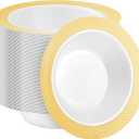 100 Pack Plastic Bowls with Gold Rim, 12oz Disposable Soup Bowls, Heavy Duty Plastic Salad Bowls for Parties, Weddings, and Everyday Use