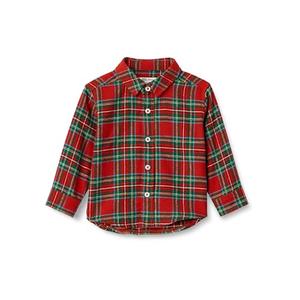 Amazon Essentials x Sofia Grainge Baby Boys' Button Down Plaid Flannel Shirt, Cherry Red Festive Plaid, 18 Months