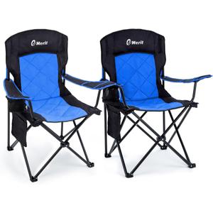 EMERIT 2 Pack Oversized Padded Camping Chair, 350LB Heavy Duty Quad Fold Chair with Arms, Collapsible Outdoor Chairs with Lumbar Back & Cup Holder, Blue（twin Pack)