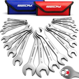 19-Piece Super Thin Open-End Wrench Set, SAE 1/4"-1-1/16" & Metric 5.527 mm, 3 mm Thickness Slim Wrench Set for Tight Spaces, Nickel Plated Flat Wrenches with Red & Blue Rolling Storage Pouches