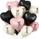 Pink and Black Heart Balloons, 10 Pcs Baby Pink Cream Heart Shaped Balloon with Black Bow Ribbon, 18 Inch Pink Sand White Foil Balloons for Brithday Baby Shower Wedding Valentines Party Decoration