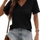 Dokotoo Women's Casual V Neck Short Sleeve Waffle Knit Lace Patchwork Shirts Summer Loose Basic Tunic Tops Tee Blouses (Medium, Black)